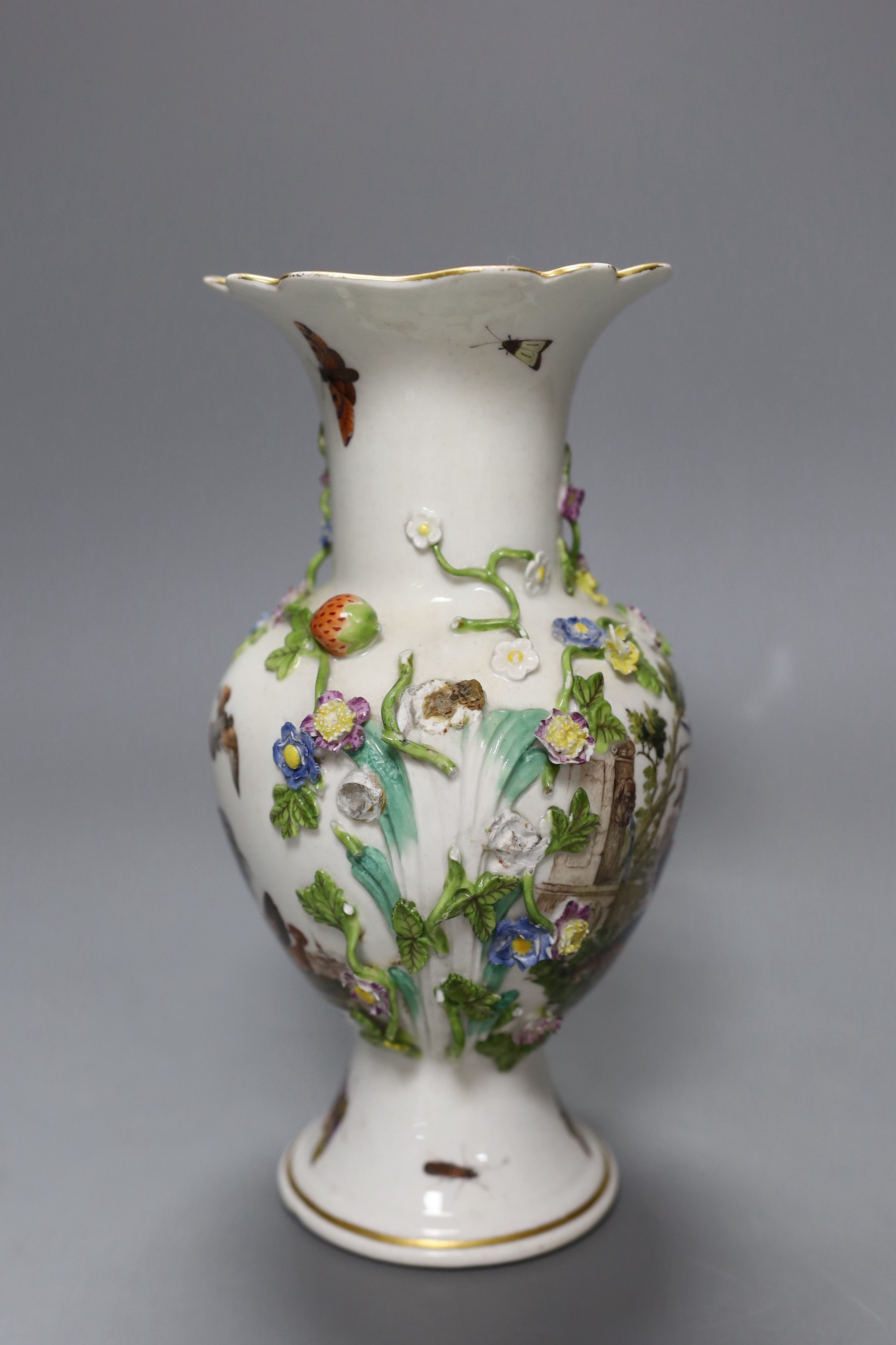 A 19th century Meissen floral encrusted vase decorated with birds and insects, 22cm